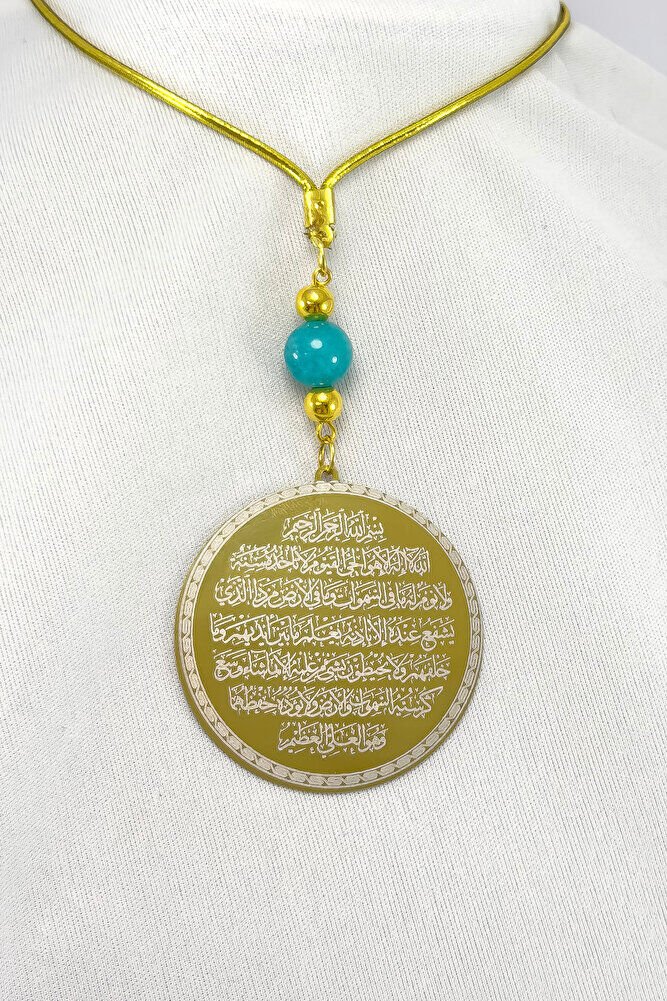 Turkuaz Doğal Taşlı Altın Renkli Çelik Çift Taraflı Ayetel Kürsi, Felak Nas Ihlas Dikiz Ayna Süsü