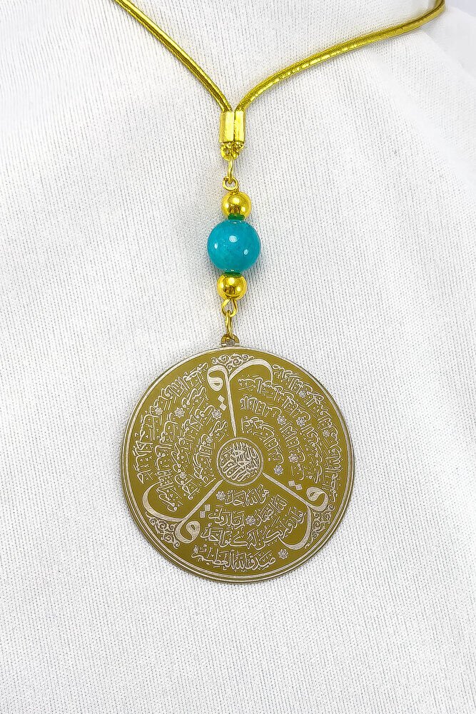 Turkuaz Doğal Taşlı Altın Renkli Çelik Çift Taraflı Ayetel Kürsi, Felak Nas Ihlas Dikiz Ayna Süsü