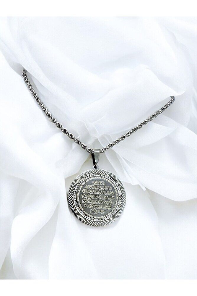 Gümüş Renkli Taş Çerçeveli Çelik Çift Taraflı Ayetel Kürsi/Felak Nas İhlas Burgu Zincirli Kolye