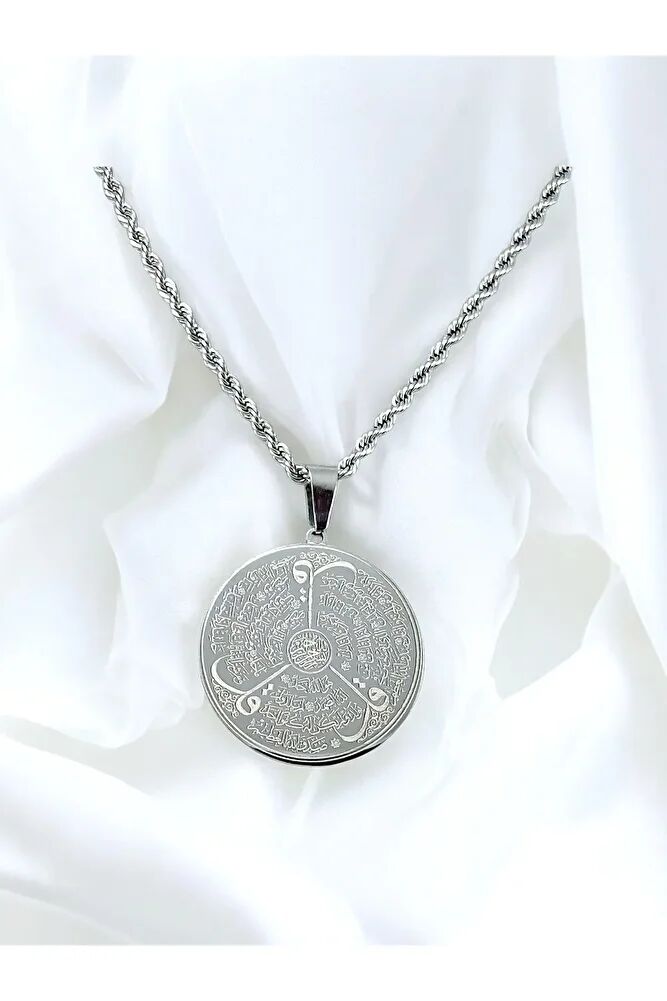 Gümüş Renkli Taş Çerçeveli Çelik Çift Taraflı Ayetel Kürsi/Felak Nas İhlas Burgu Zincirli Kolye