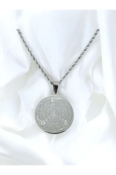 Gümüş Renkli Taş Çerçeveli Çelik Çift Taraflı Ayetel Kürsi/Felak Nas İhlas Burgu Zincirli Kolye