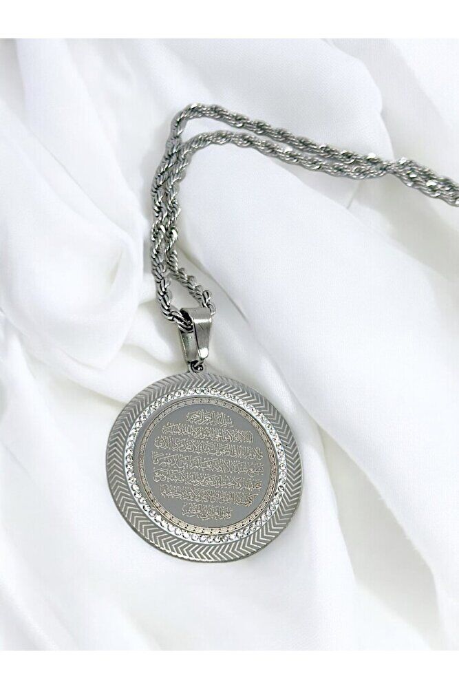 Gümüş Renkli Taş Çerçeveli Çelik Çift Taraflı Ayetel Kürsi/Felak Nas İhlas Burgu Zincirli Kolye
