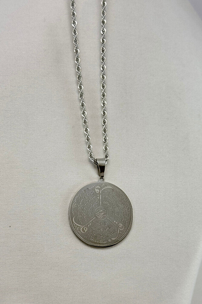 Gümüş Renkli Taş Çerçeveli Çelik Çift Taraflı Ayetel Kürsi/Felak Nas İhlas Burgu Zincirli Kolye