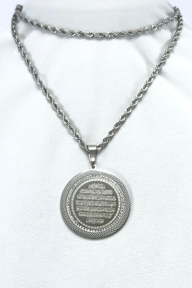 Gümüş Renkli Taş Çerçeveli Çelik Çift Taraflı Ayetel Kürsi/Felak Nas İhlas Burgu Zincirli Kolye