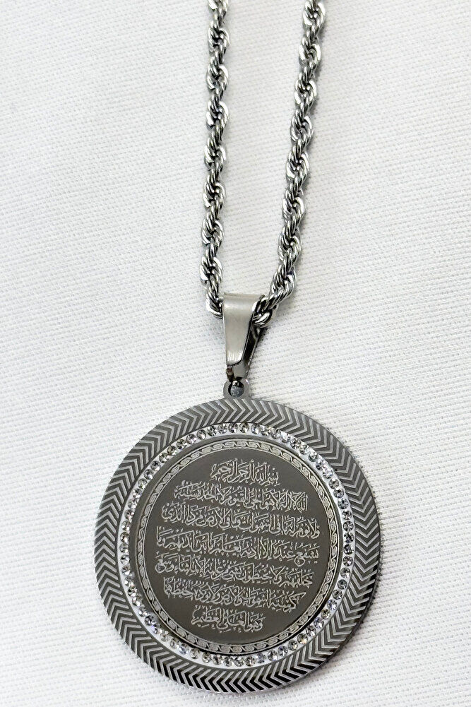 Gümüş Renkli Taş Çerçeveli Çelik Çift Taraflı Ayetel Kürsi/Felak Nas İhlas Burgu Zincirli Kolye