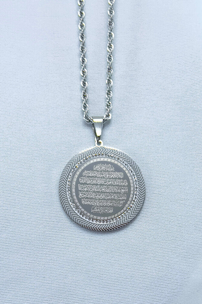 Gümüş Renkli Taş Çerçeveli Çelik Çift Taraflı Ayetel Kürsi/Felak Nas İhlas Burgu Zincirli Kolye