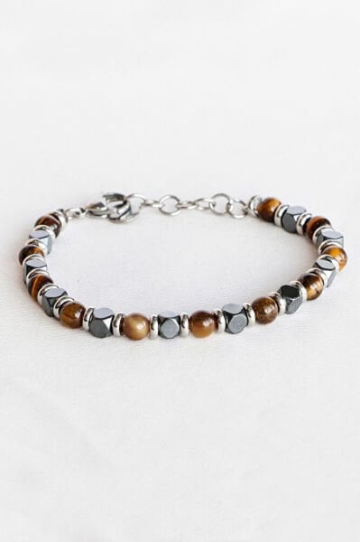 Kaplangözü Hematit Taşı Doğaltaşlı Çelik Erkek Bileklik, Sevgililer Günü Hediyelik Erkek Aksesuar