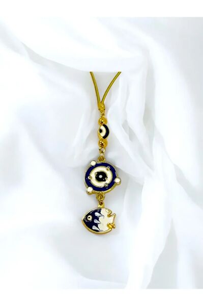 Metal Fish Car Rearview Mirror Ornament with Evil Eye Planet in Navy Blue Frame, New Car Gift