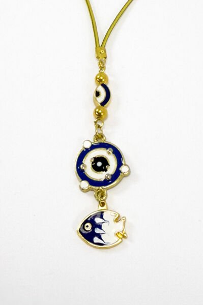 Metal Fish Car Rearview Mirror Ornament with Evil Eye Planet in Navy Blue Frame, New Car Gift