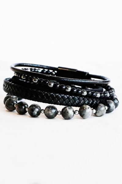 Erkek Bileklik Üçlü Kombin Oniks Doğal Taşlı + Hakiki Deri Bileklik + Spektrolik Ddoğaltaş Bileklik