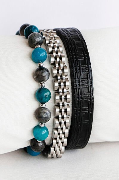 Erkek Bileklik Üçlü Kombin Apatit ve Spektrolit Doğal Taşlı + Hakiki Deri Bileklik + Çelik Bileklik