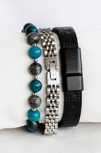 Erkek Bileklik Üçlü Kombin Apatit ve Spektrolit Doğal Taşlı + Hakiki Deri Bileklik + Çelik Bileklik