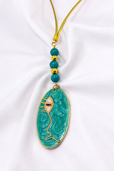 Green Beaded Pearlescent Face Rearview Mirror Ornament, Metal Lineart Face Figure Style New Car Gift