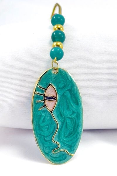 Green Beaded Pearlescent Face Rearview Mirror Ornament, Metal Lineart Face Figure Style New Car Gift