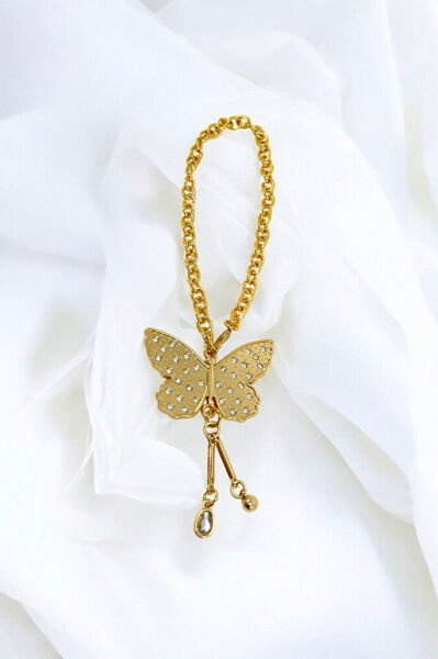 Shiny Stone Cluster Butterfly Car Rearview Mirror Ornament, Gold Color Chain New Car Gift