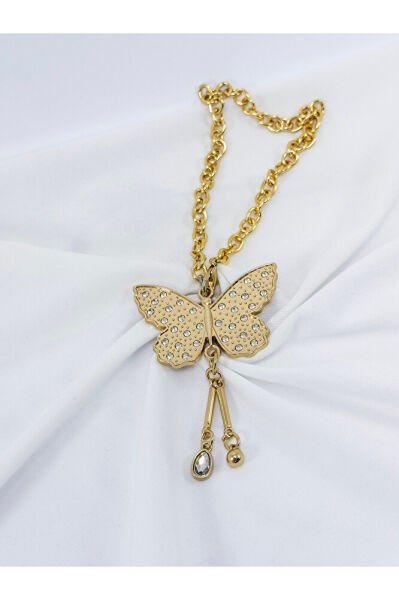 Shiny Stone Cluster Butterfly Car Rearview Mirror Ornament, Gold Color Chain New Car Gift
