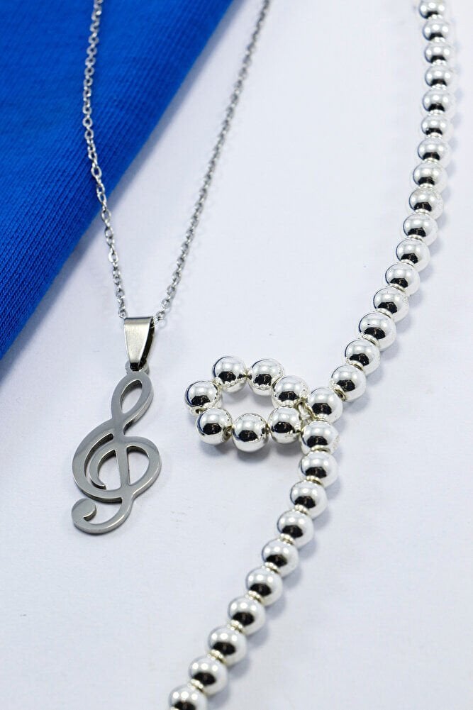 Paslanmaz Çelik Gümüş Renkli Sol Anahtarı Kolye, Hediyelik Kolye 60 cm