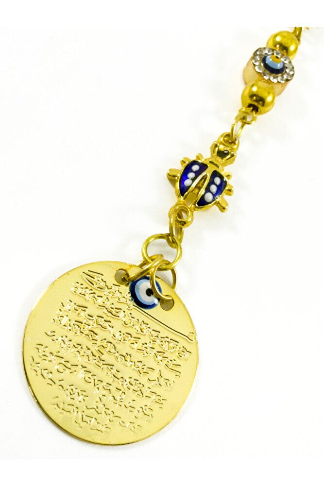 Parlak Taş Çerçeveli Nazar Uğur Böceği Metal Ayetel Kürsi Araba Dikiz Ayna Süsü, Gold Renkli