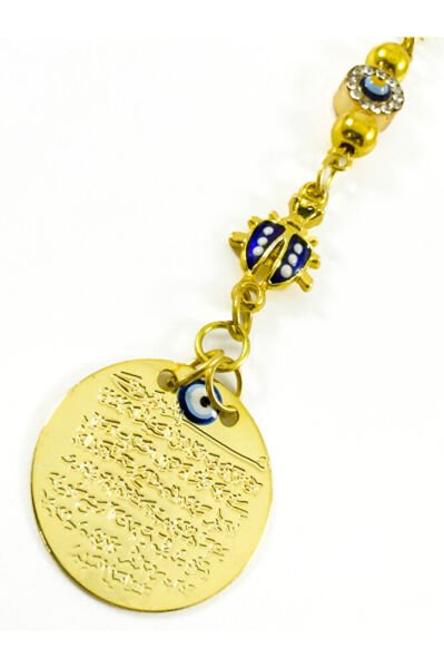 Evil Eye Ladybug Metal Ayetel Kursi Car Rearview Mirror Ornament with Shiny Stone Frame, Gold Color