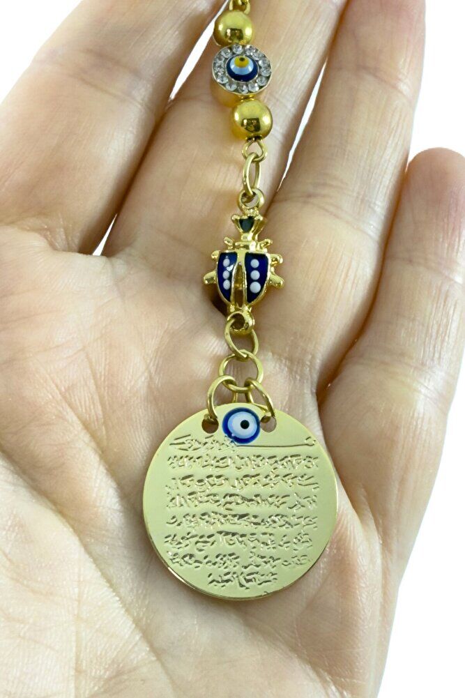 Parlak Taş Çerçeveli Nazar Uğur Böceği Metal Ayetel Kürsi Araba Dikiz Ayna Süsü, Gold Renkli