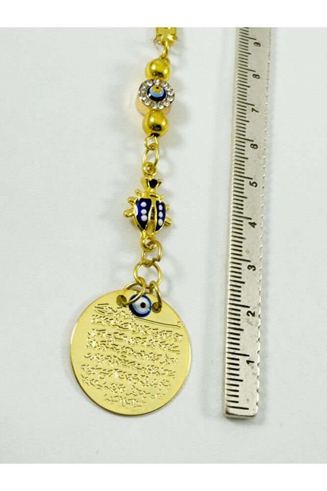 Parlak Taş Çerçeveli Nazar Uğur Böceği Metal Ayetel Kürsi Araba Dikiz Ayna Süsü, Gold Renkli