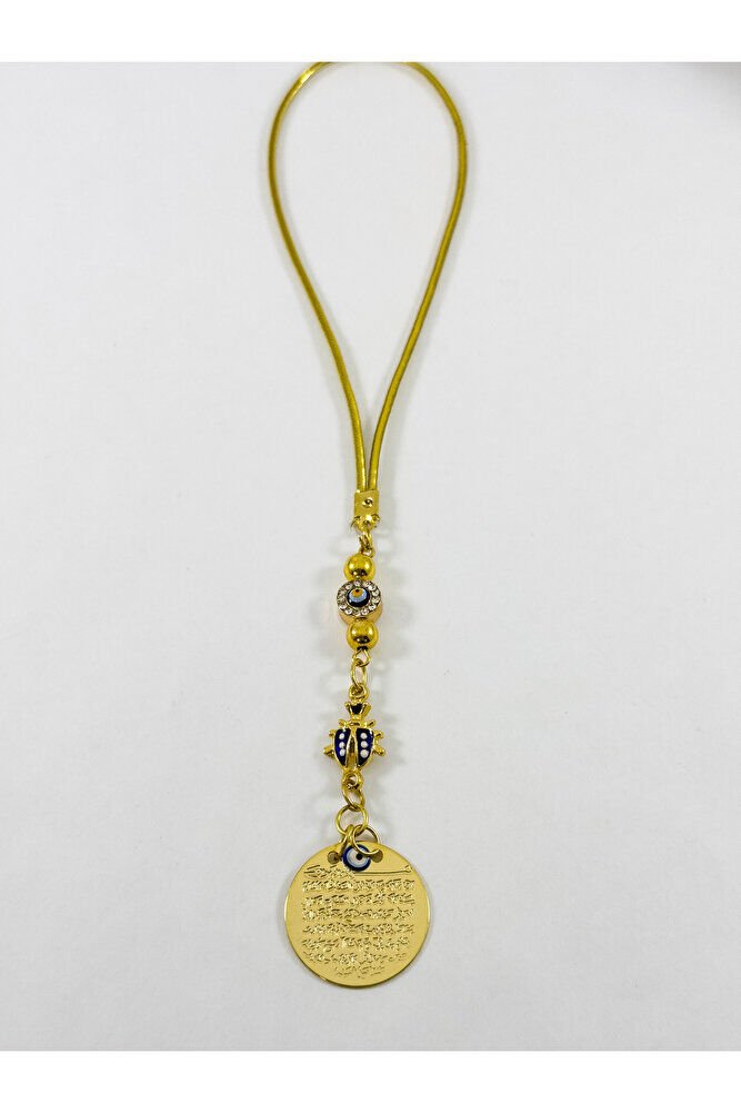 Parlak Taş Çerçeveli Nazar Uğur Böceği Metal Ayetel Kürsi Araba Dikiz Ayna Süsü, Gold Renkli