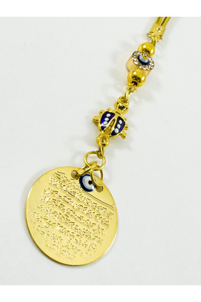 Parlak Taş Çerçeveli Nazar Uğur Böceği Metal Ayetel Kürsi Araba Dikiz Ayna Süsü, Gold Renkli