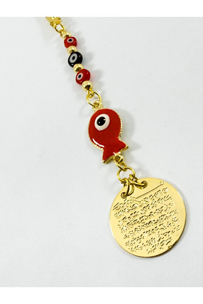 Küçük Nazar Boncuklu Metal Balık Ayetel Kürsi Araba Dikiz Ayna Süsü, Gold Renkli