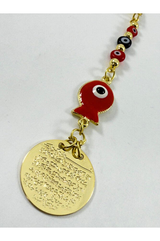 Küçük Nazar Boncuklu Metal Balık Ayetel Kürsi Araba Dikiz Ayna Süsü, Gold Renkli