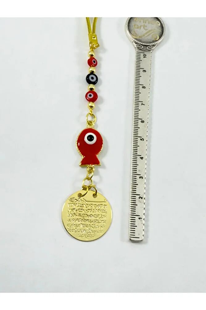 Küçük Nazar Boncuklu Metal Balık Ayetel Kürsi Araba Dikiz Ayna Süsü, Gold Renkli