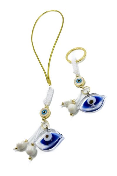 White Beaded Framed Evil Eye Glass Evil Eye Car Rearview Mirror Ornament, Keychain Set of Two