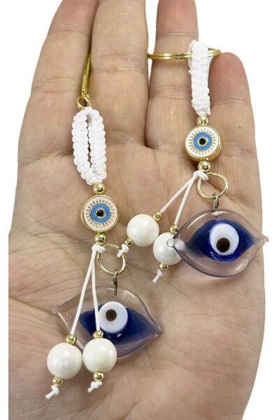 White Beaded Framed Evil Eye Glass Evil Eye Car Rearview Mirror Ornament, Keychain Set of Two