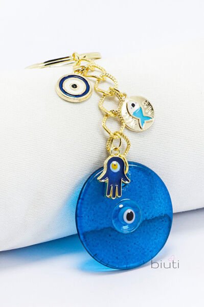 El Yapımı Füzyon Turkuaz Cam Nazar Boncuklu Anahtarlık, Özel Tasarım Çanta Süsü