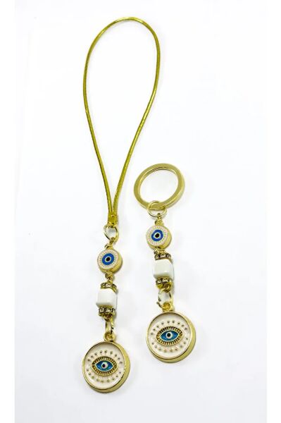 White Shiny Stone Cube Bead Detailed Eye Figured Car Rearview Mirror Ornament, Keychain Set of Two