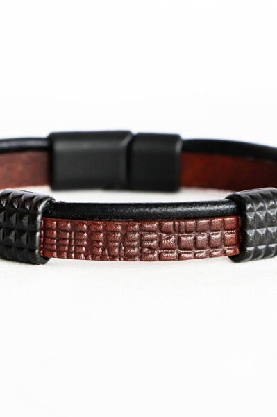 Taba Rengi ve Siyah Çift Renkli Baskılı Hakiki Deri Erkek Bileklik Mıknatıslı, Sevgili Hediyesi