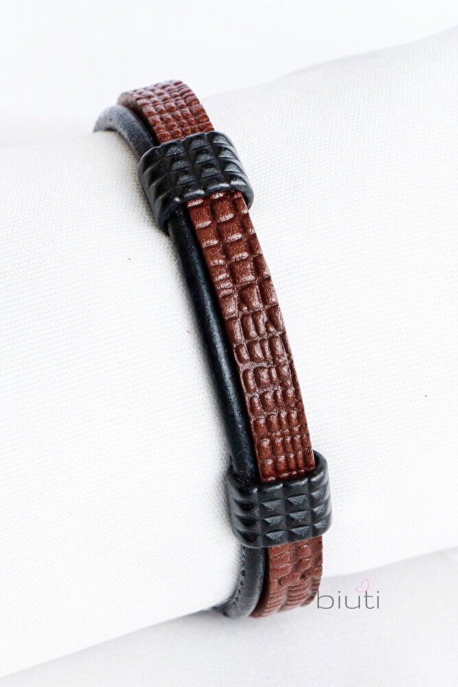 Taba Rengi ve Siyah Çift Renkli Baskılı Hakiki Deri Erkek Bileklik Mıknatıslı, Sevgili Hediyesi