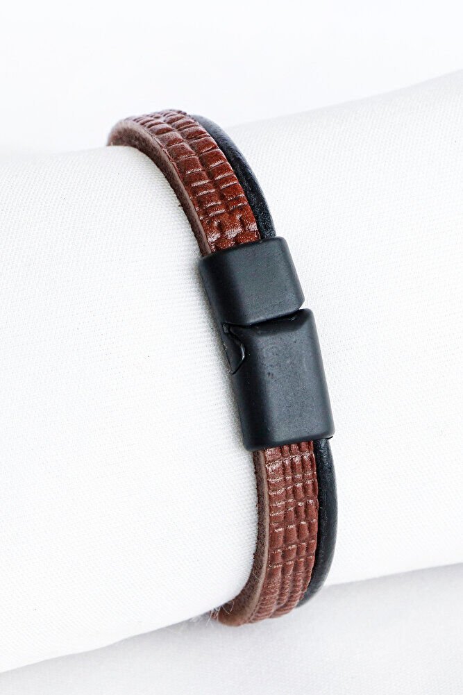 Taba Rengi ve Siyah Çift Renkli Baskılı Hakiki Deri Erkek Bileklik Mıknatıslı, Sevgili Hediyesi