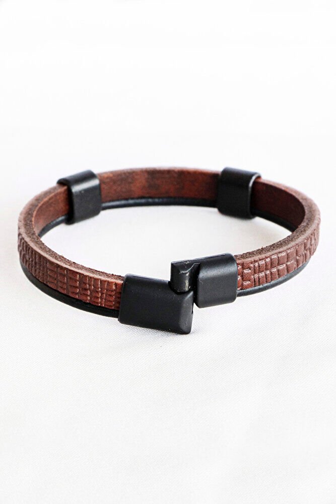 Taba Rengi ve Siyah Çift Renkli Baskılı Hakiki Deri Erkek Bileklik Mıknatıslı, Sevgili Hediyesi