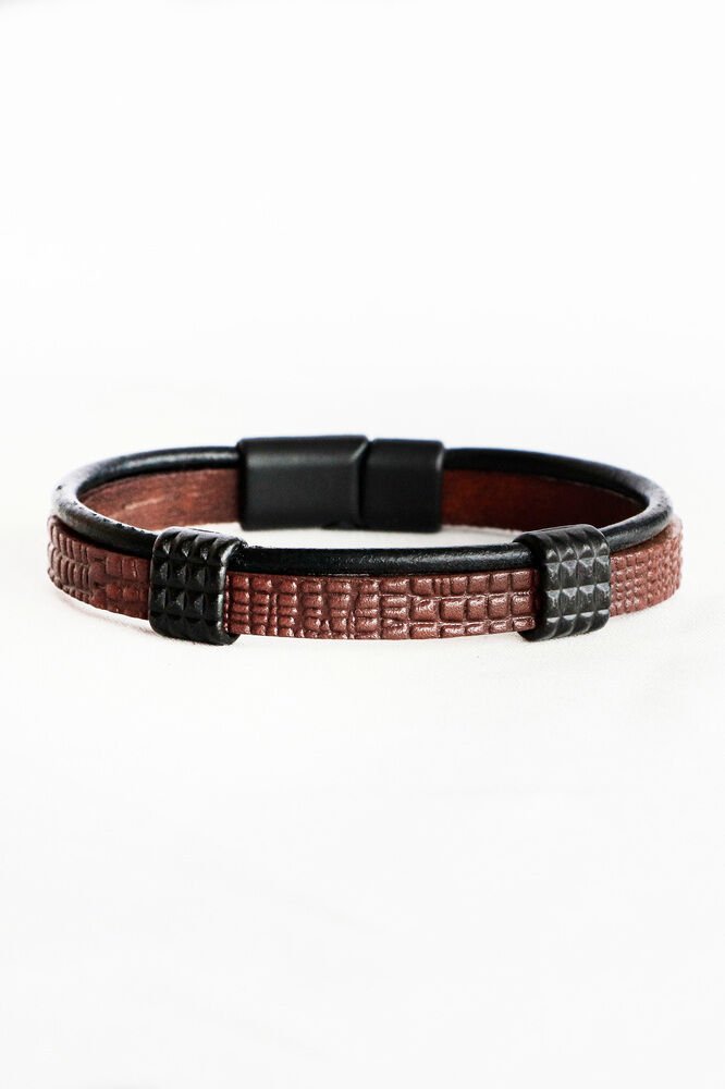 Taba Rengi ve Siyah Çift Renkli Baskılı Hakiki Deri Erkek Bileklik Mıknatıslı, Sevgili Hediyesi