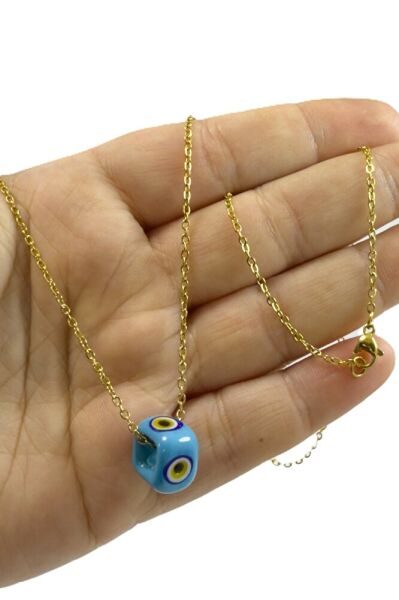Gold Color Steel Chain Square Evil Eye Bead Necklace, Steel Evil Eye Necklace