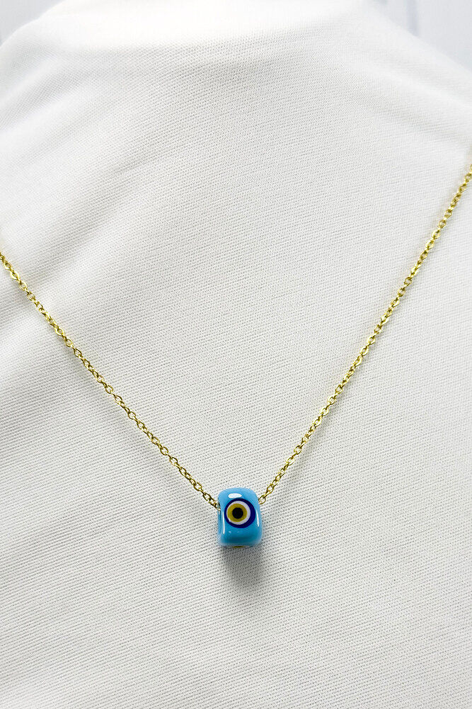 Gold Renkli Çelik Zincirli Kare Nazar Boncuğu Kolye, Çelik Nazarlı Kolye