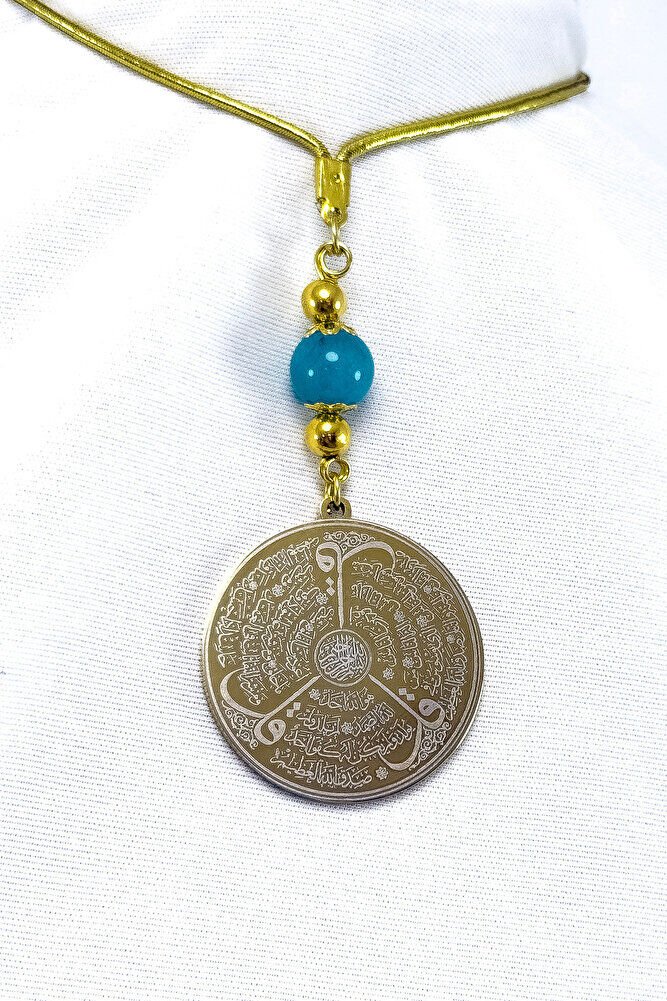 Doğal Taşlı Altın Renkli Çelik Çift Taraflı Ayetel Kürsi, Felak Nas Ihlas Araba Dikiz Ayna Süsü