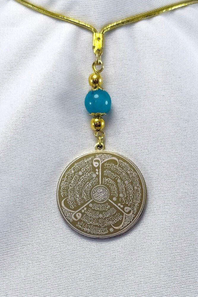 Doğal Taşlı Altın Renkli Çelik Çift Taraflı Ayetel Kürsi, Felak Nas Ihlas Araba Dikiz Ayna Süsü