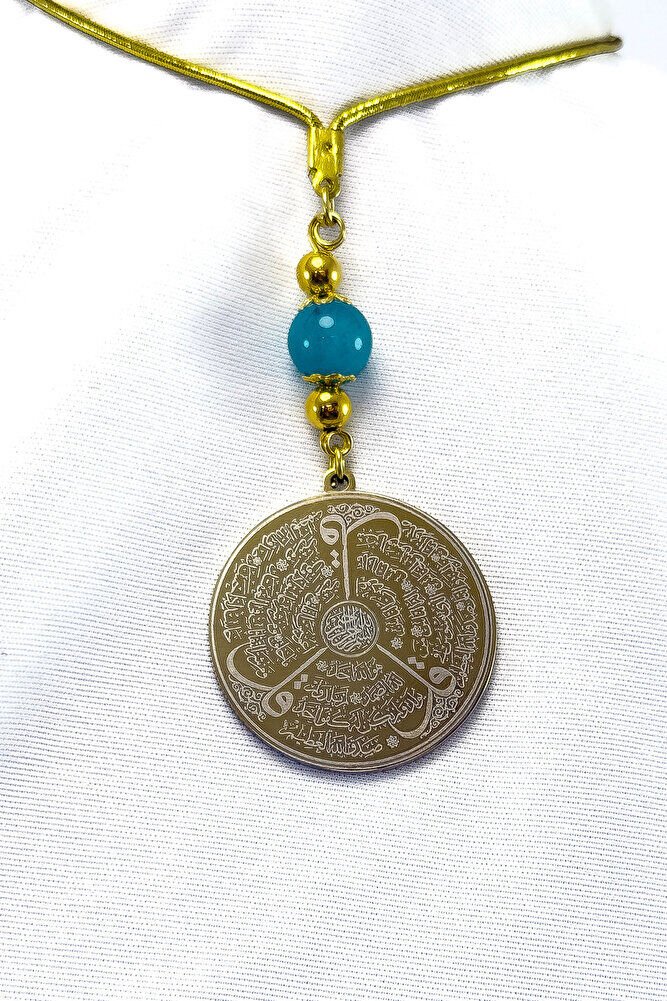 Doğal Taşlı Altın Renkli Çelik Çift Taraflı Ayetel Kürsi, Felak Nas Ihlas Araba Dikiz Ayna Süsü