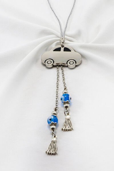 El Yapımı Cam Nazar Boncuk Püsküllü Çelik Araba Figürlü Araç Dikiz Ayna Süsü