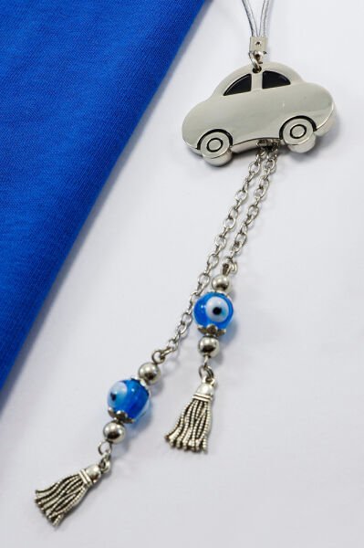 El Yapımı Cam Nazar Boncuk Püsküllü Çelik Araba Figürlü Araç Dikiz Ayna Süsü