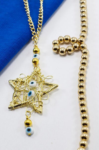 Cam Nazar Boncuklu Metal Yıldız Dikiz Ayna Süsü Yılbaşı Ağacı Süsü