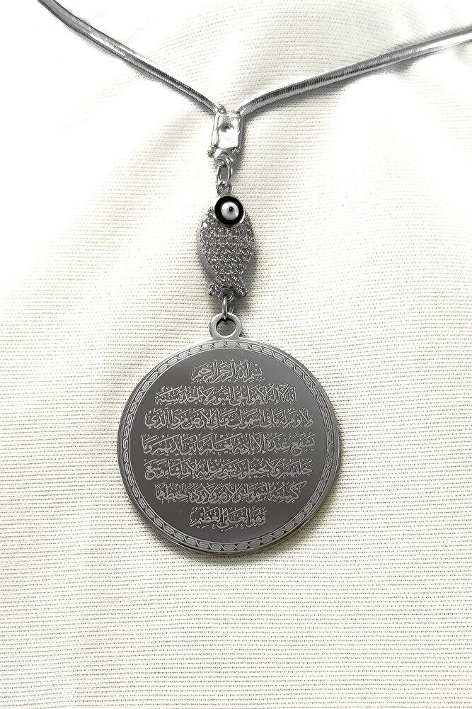 Shiny Stone Fish Silver Color Steel Double Sided Ayetel Kursi / Evil Eye Verse Car Rearview Mirror Ornament