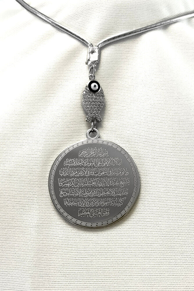 Shiny Stone Fish Silver Color Steel Double Sided Ayetel Kursi / Evil Eye Verse Car Rearview Mirror Ornament