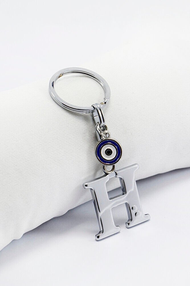 Minik MEtal NAzar Boncuklu Gümüş Renkli Metal H Harfi Anahtarlık / Hediyelik Çanta Süsü